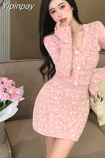 Yipinpay Piece Knit Set Women V Neck Pink Outfit Crop Top Long Sleeve +sexy Mini 2piece Skirt Sets Korean Autumn Winter Clothing